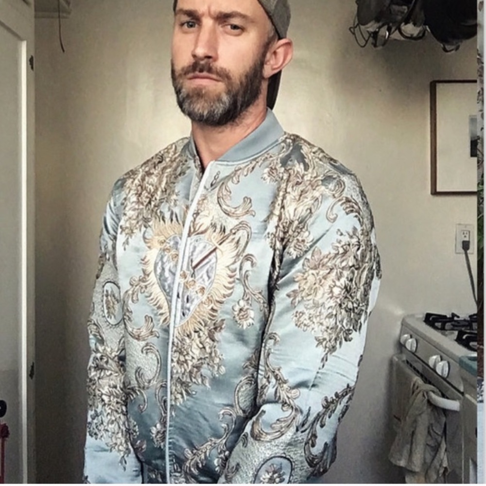 NWT Blue paisley satin embroidered bomber jacket large